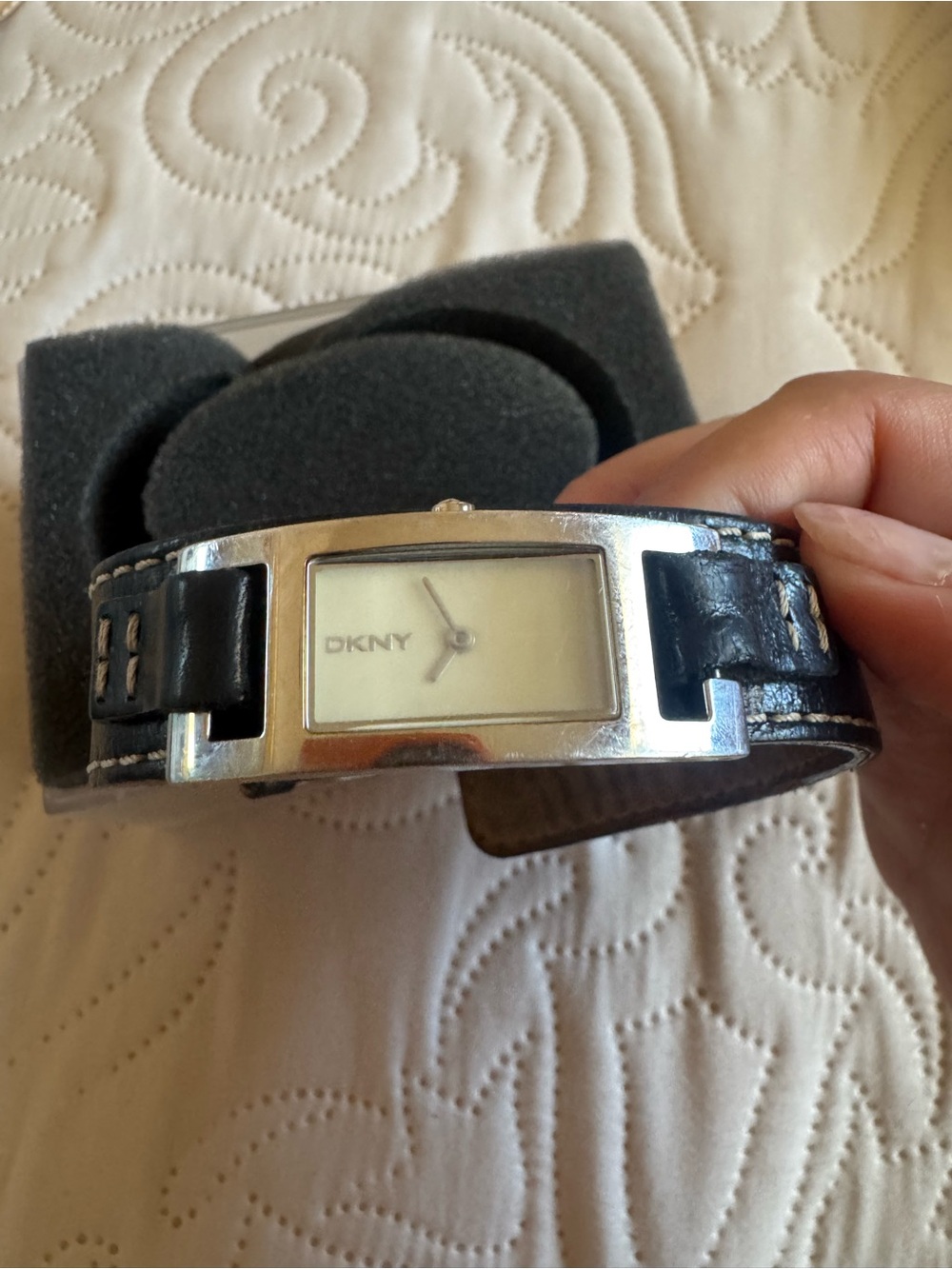 DKNY Black Leather Cuff Watch with Silver-Tone Case and Cream Dial